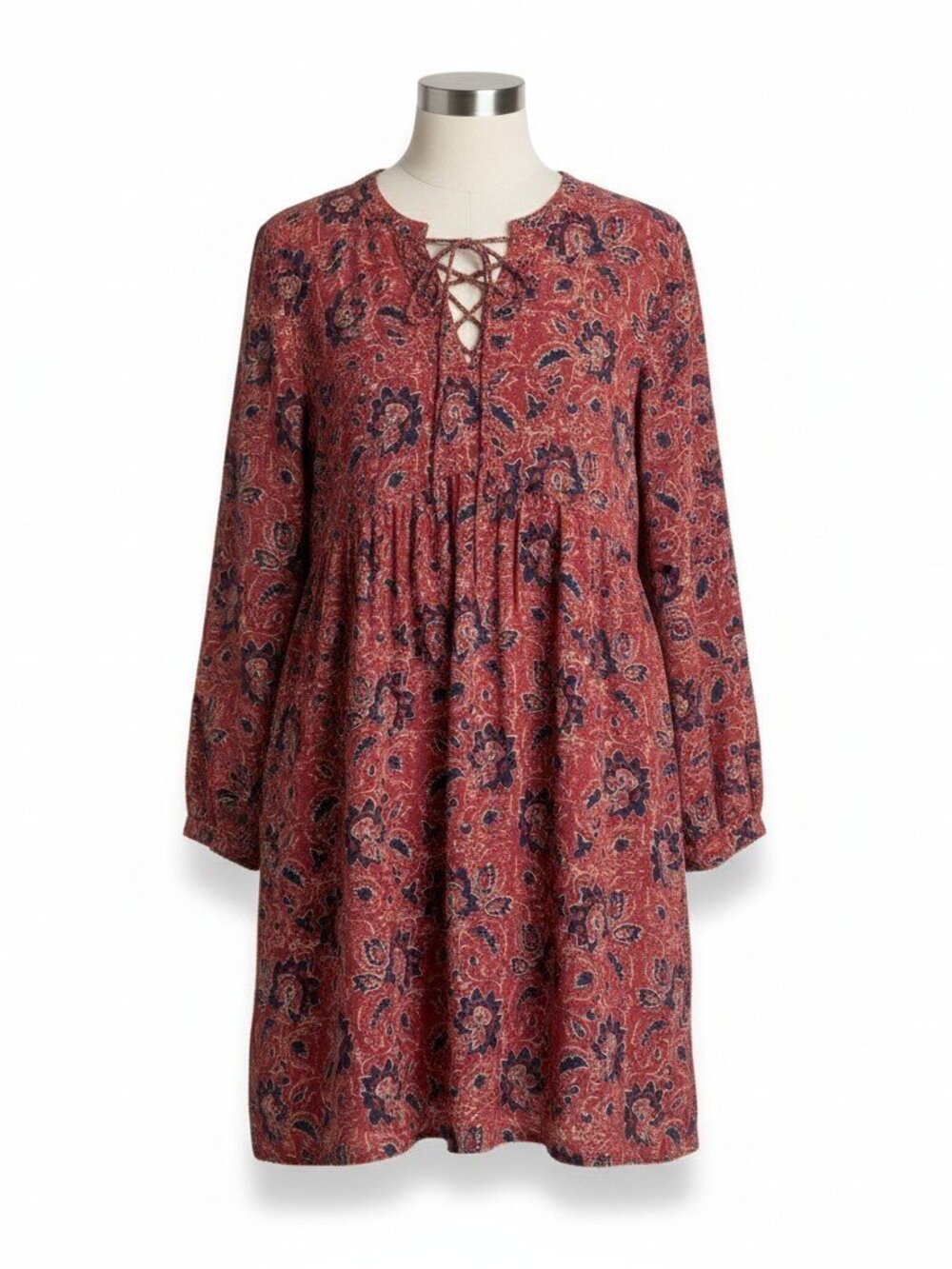Madewell Silk Lace Up Assam Floral Babydoll Mini Dress Red Navy L